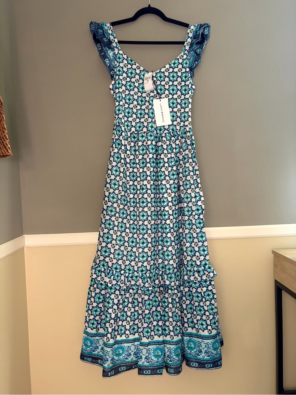 Lucky Brand Blue White Geometric Print Cotton Maxi Dress XS Smocked Back NWT